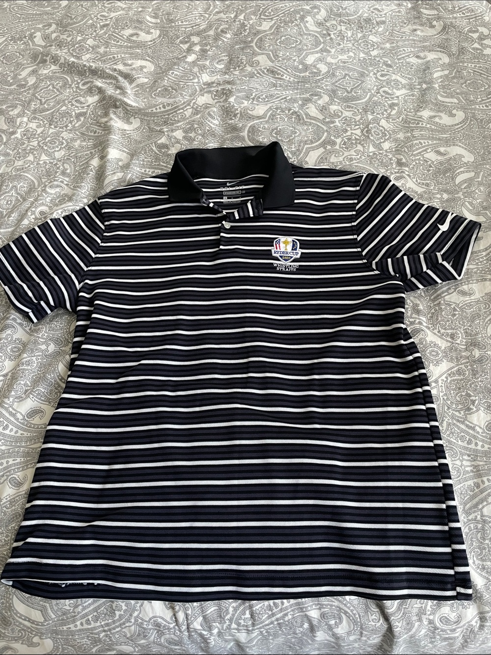 Men's Black and White Striped Nike Ryder Cup Golf Polo Shirt